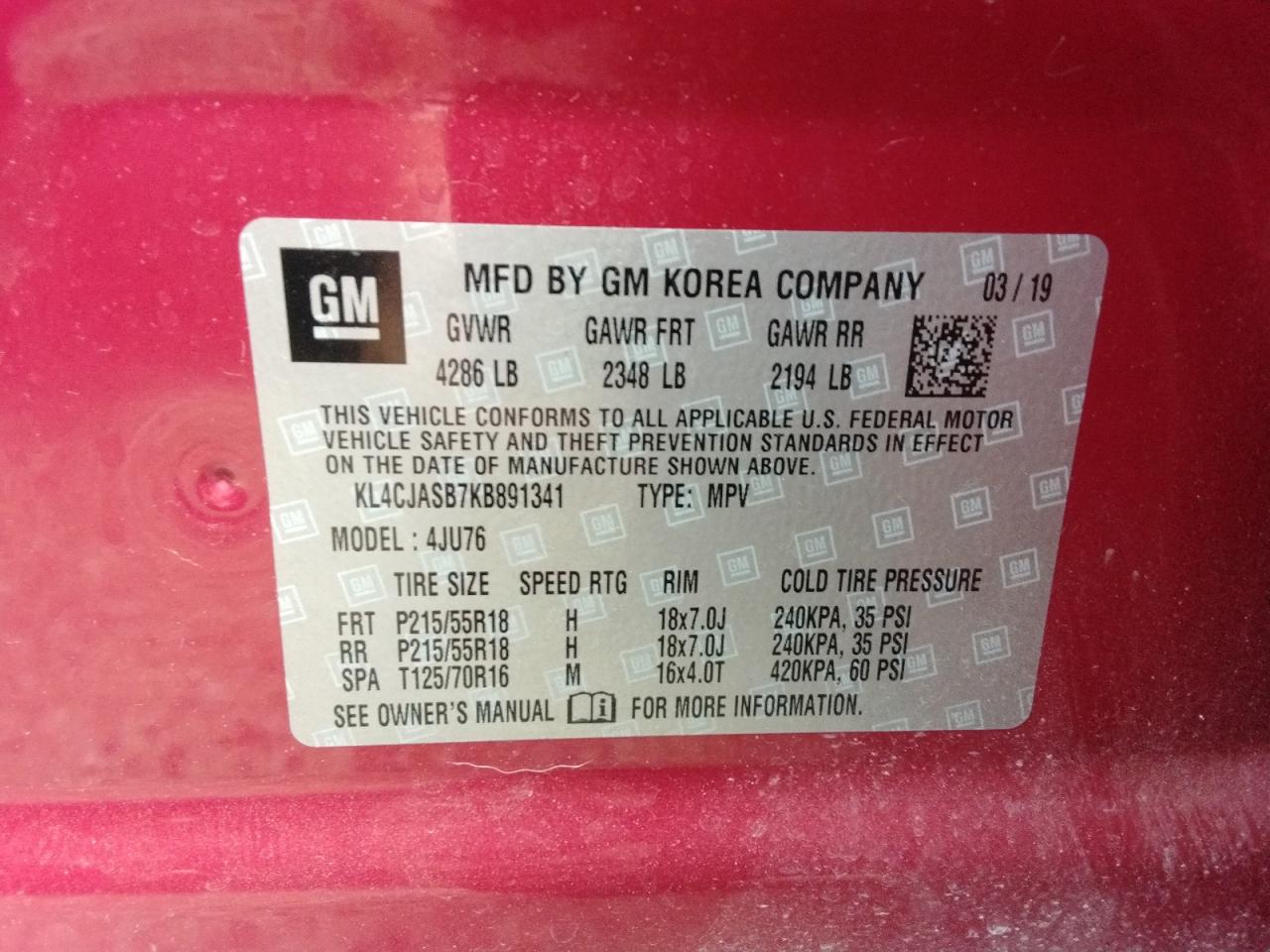 2019 Buick Encore Preferred VIN: KL4CJASB7KB891341 Lot: 61190305