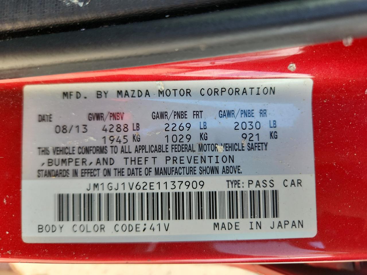 2014 Mazda 6 Touring VIN: JM1GJ1V62E1137909 Lot: 62992295