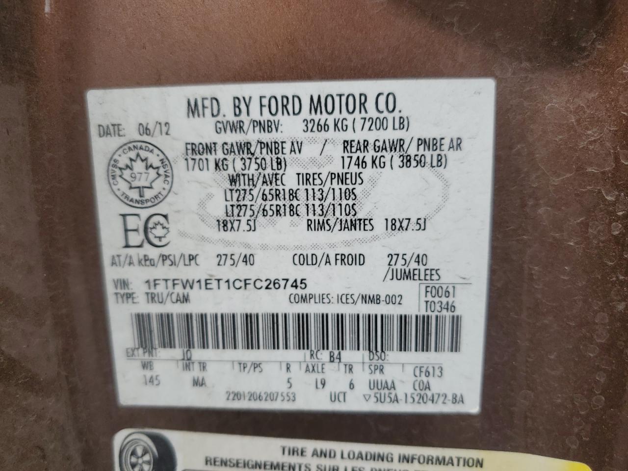 FORD F-150 2012 VIN 1FTFW1ET1CFC26745 фото 12