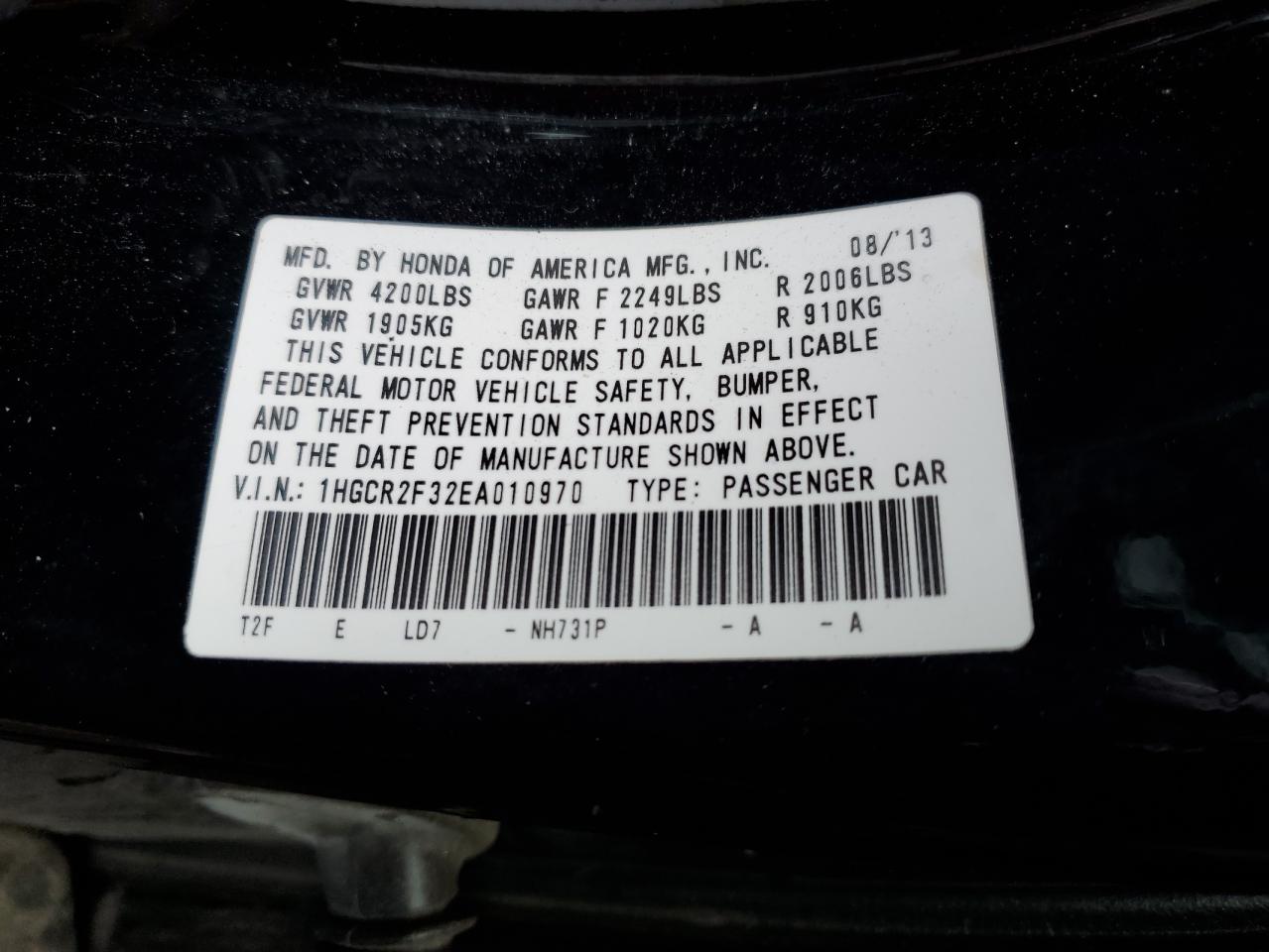2014 Honda Accord Lx VIN: 1HGCR2F32EA010970 Lot: 60681645