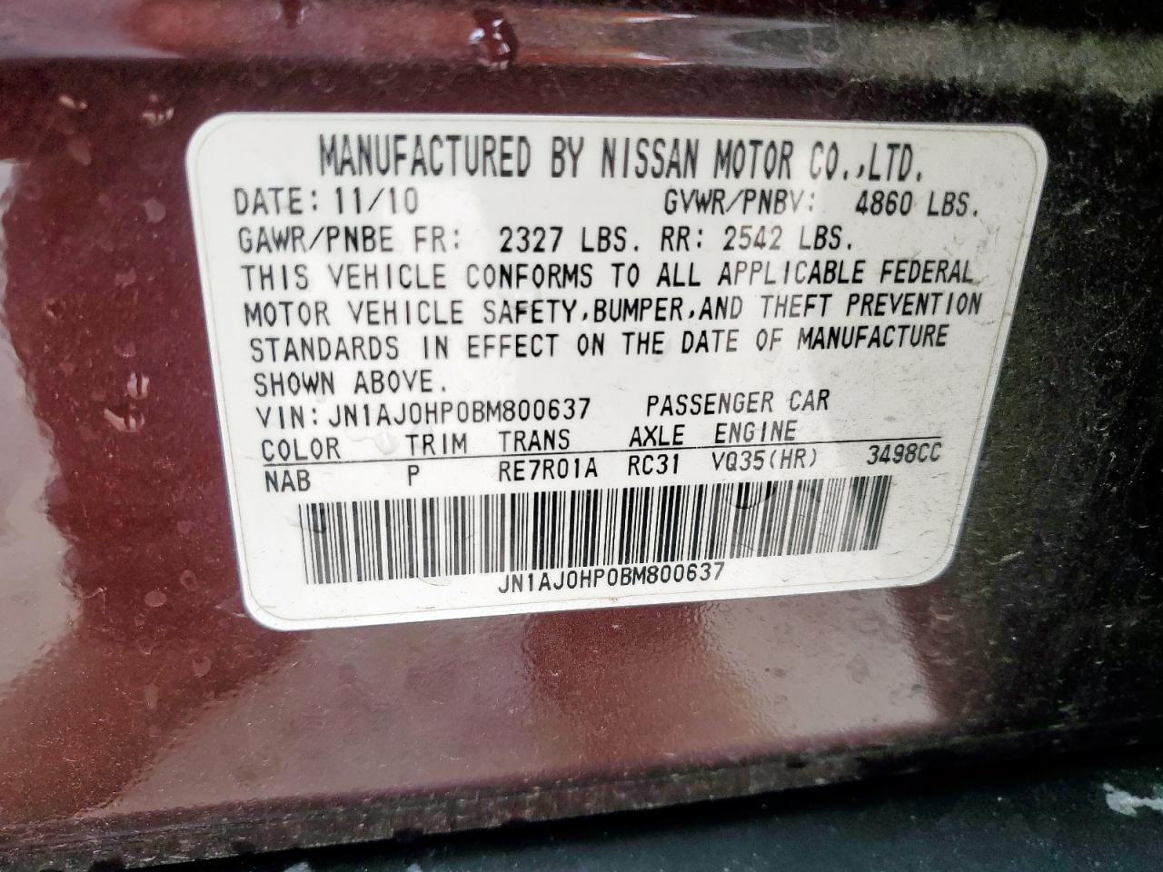 2011 Infiniti Ex35 Base VIN: JN1AJ0HP0BM800637 Lot: 59337985