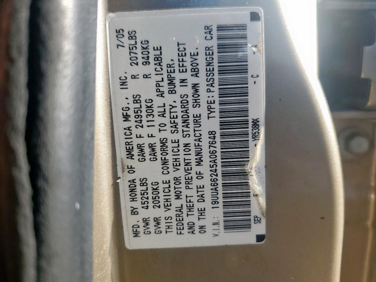2005 Acura Tl VIN: 19UUA66245A067648 Lot: 62901425