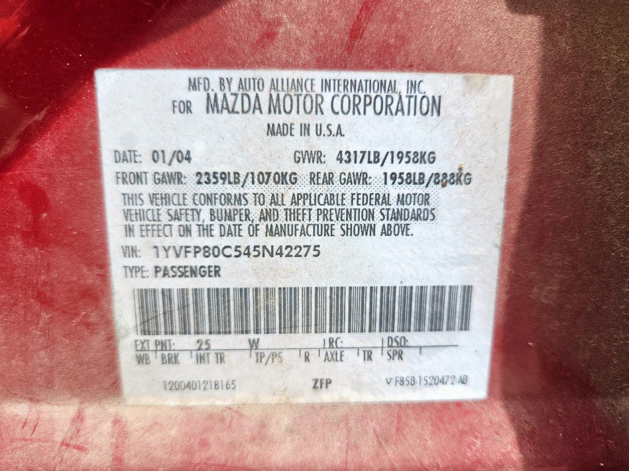 2004 Mazda 6 I VIN: 1YVFP80C545N42275 Lot: 63136395