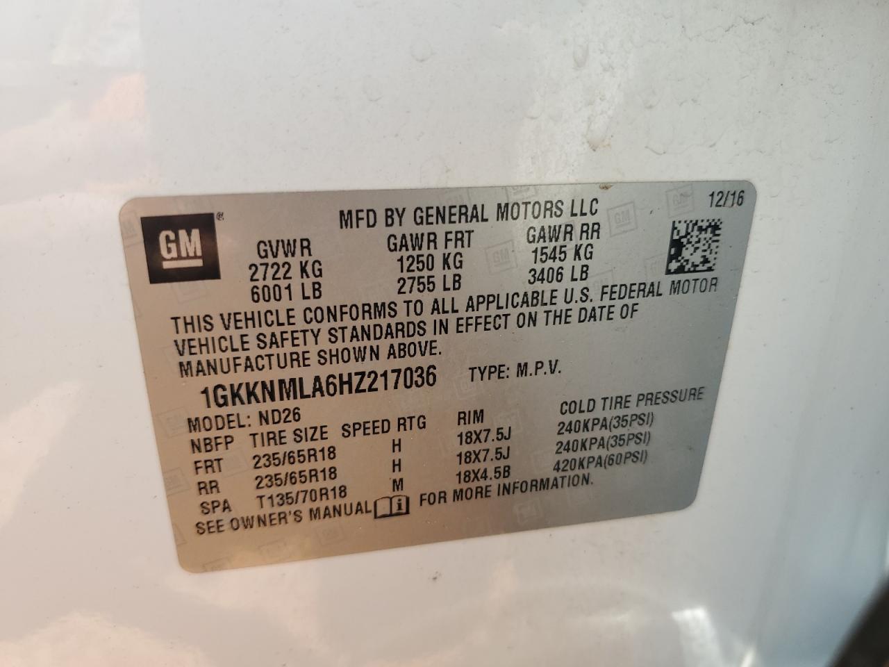 2017 GMC Acadia Slt-1 VIN: 1GKKNMLA6HZ217036 Lot: 59484335