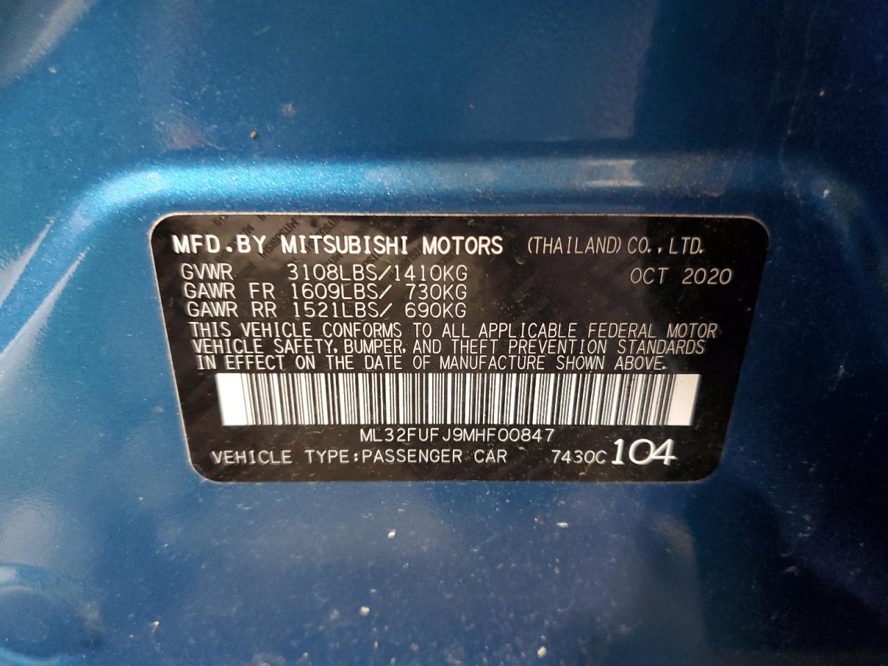 2021 Mitsubishi Mirage G4 Es VIN: ML32FUFJ9MHF00847 Lot: 59473235