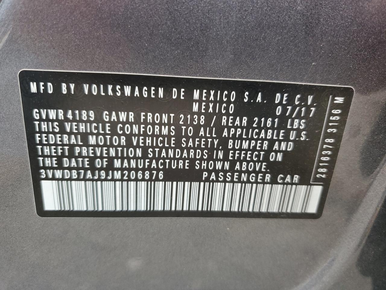 2018 Volkswagen Jetta Se VIN: 3VWDB7AJ9JM206876 Lot: 62329635