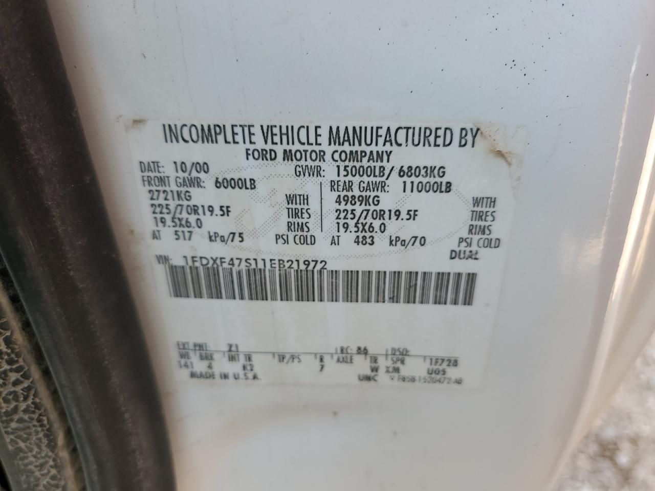 2001 Ford F450 Super Duty VIN: 1FDXF47S11EB21972 Lot: 60060645