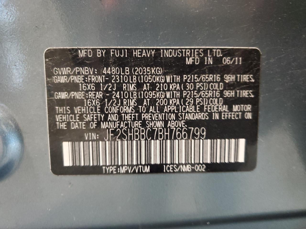 2011 Subaru Forester 2.5X VIN: JF2SHBBC7BH766799 Lot: 60177325