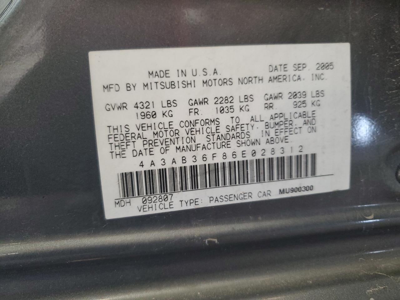 2006 Mitsubishi Galant Es Medium VIN: 4A3AB36F36E028312 Lot: 59369075