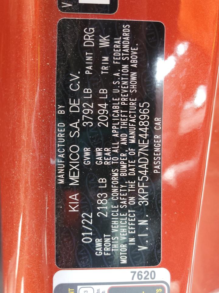 2022 Kia Forte Gt Line VIN: 3KPF54AD7NE448965 Lot: 61328275