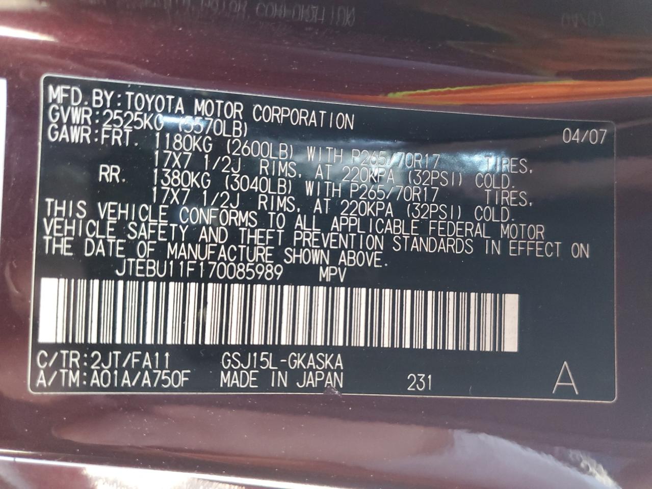 2007 Toyota Fj Cruiser VIN: JTEBU11F170085989 Lot: 62591835