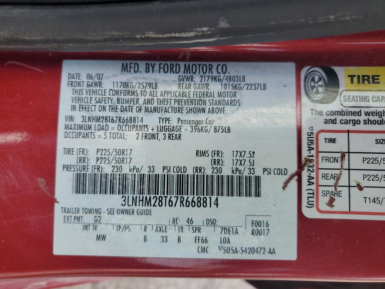 2007 Lincoln Mkz VIN: 3LNHM28T67R668814 Lot: 62990755