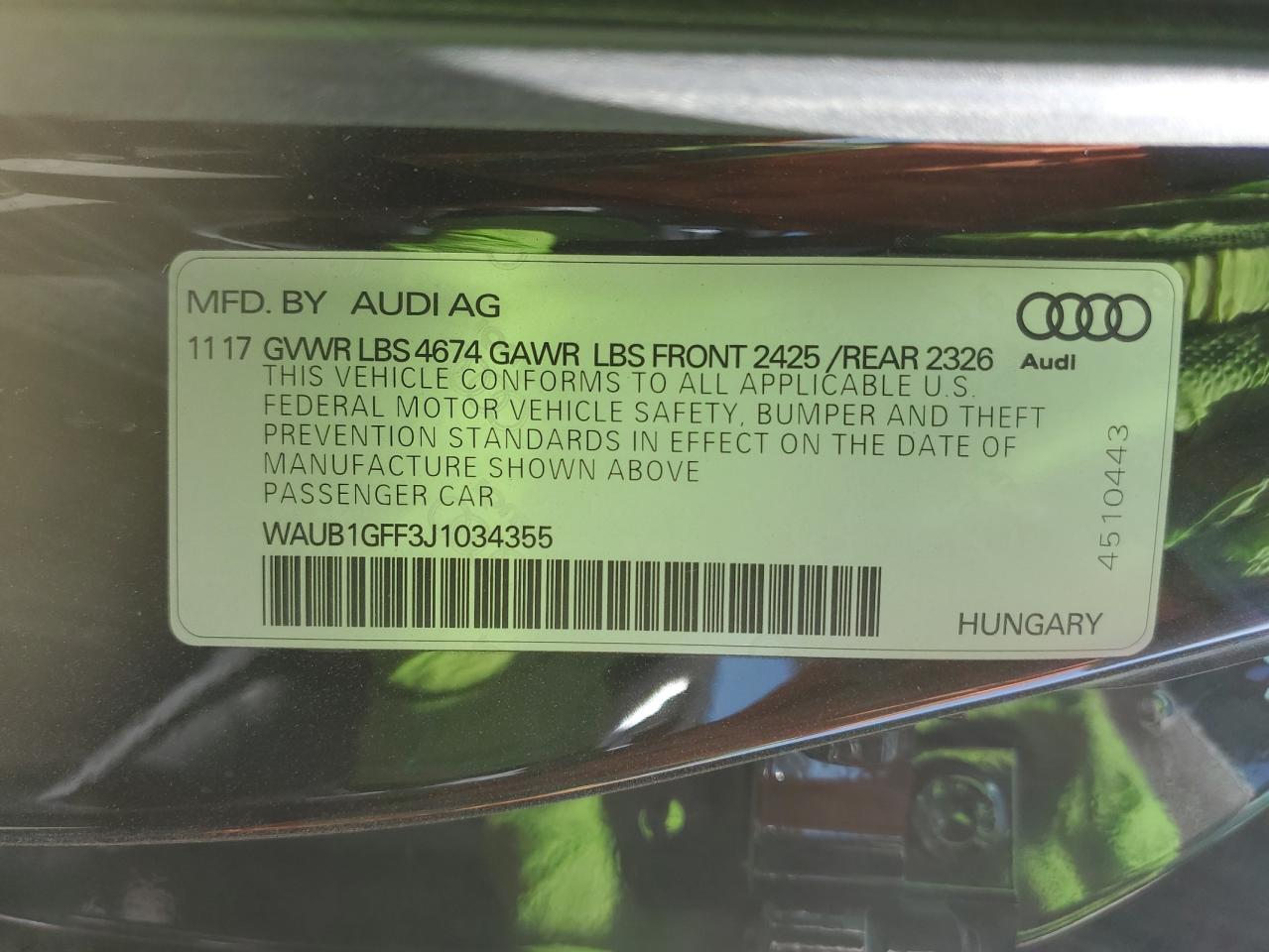 2018 Audi S3 Premium Plus VIN: WAUB1GFF3J1034355 Lot: 61273645