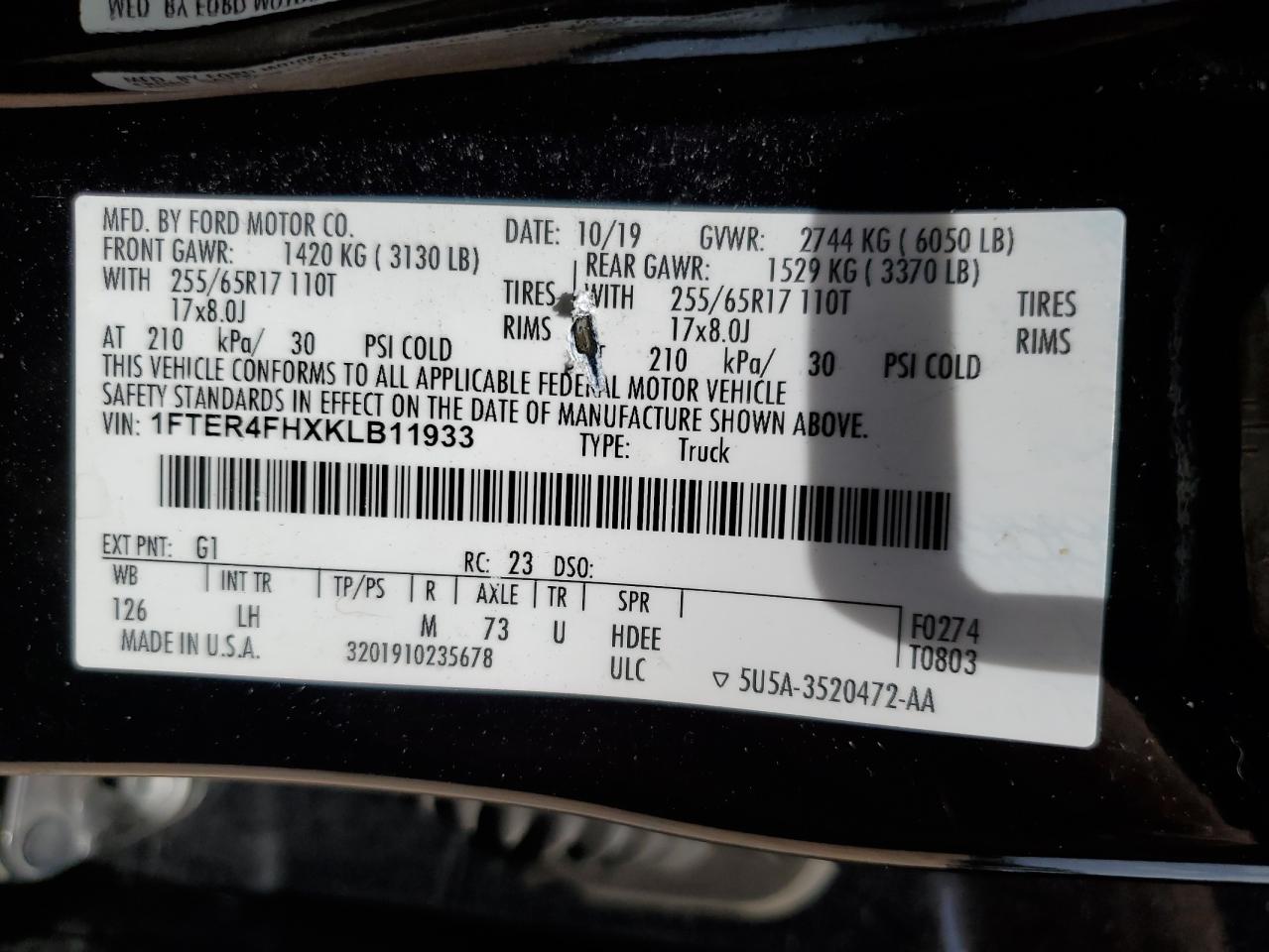 2019 Ford Ranger Xl VIN: 1FTER4FHXKLB11933 Lot: 62541475