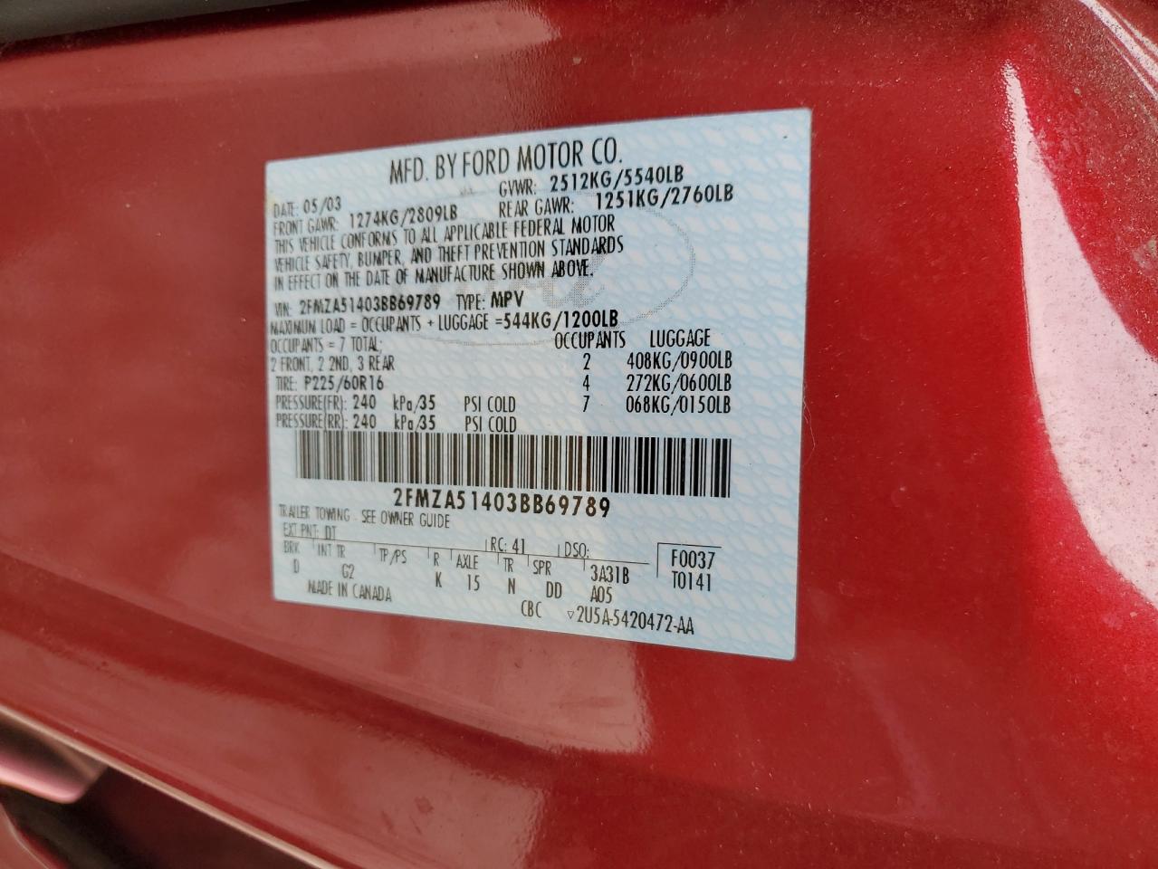 2003 Ford Windstar Lx VIN: 2FMZA51403BB69789 Lot: 60061725