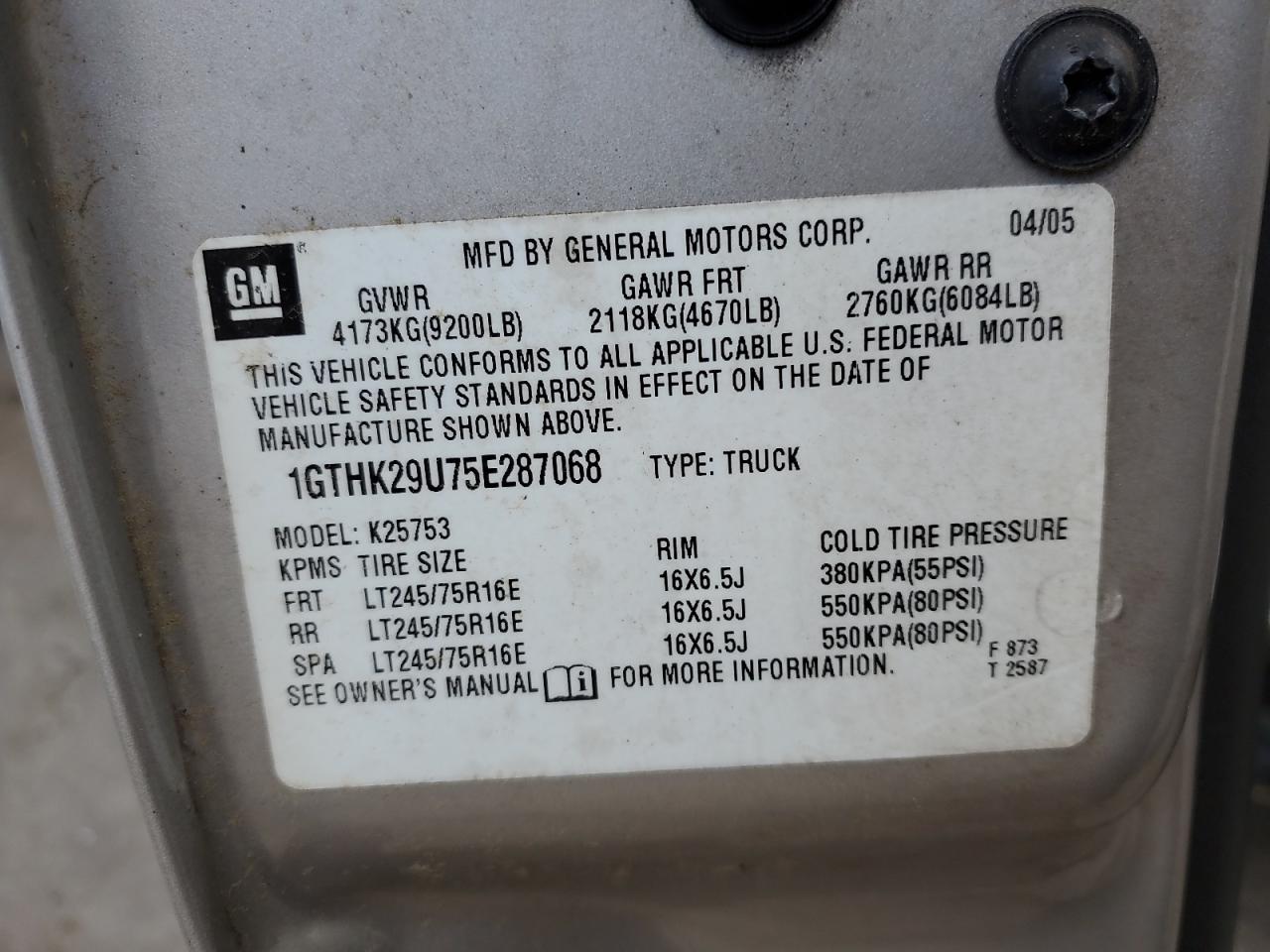 2005 GMC Sierra K2500 Heavy Duty VIN: 1GTHK29U75E287068 Lot: 60930955