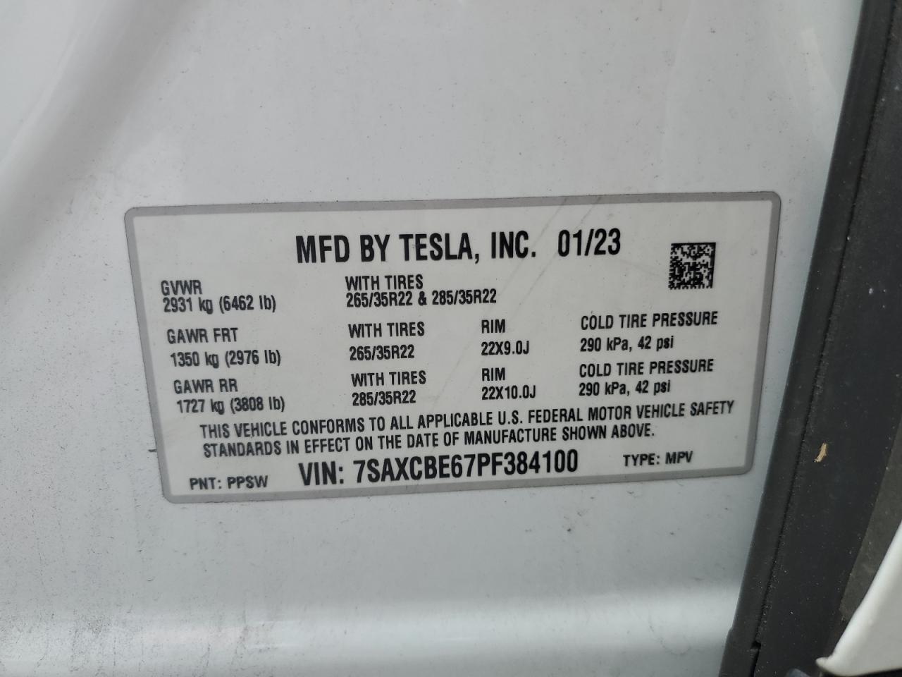 2023 Tesla Model X VIN: 7SAXCBE67PF384100 Lot: 60360815
