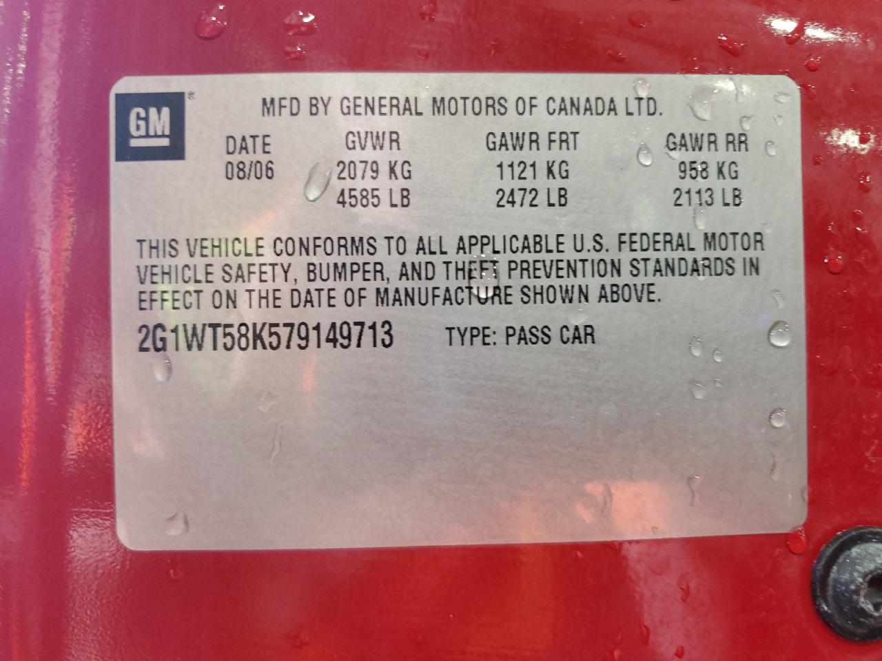 2007 Chevrolet Impala Lt VIN: 2G1WT58K579149713 Lot: 62697765