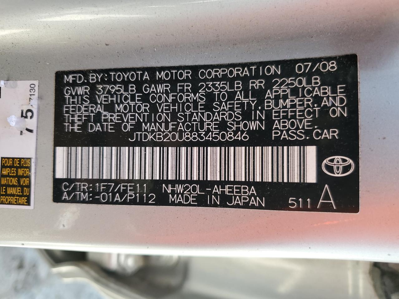 2008 Toyota Prius VIN: JTDKB20U883450846 Lot: 61382385