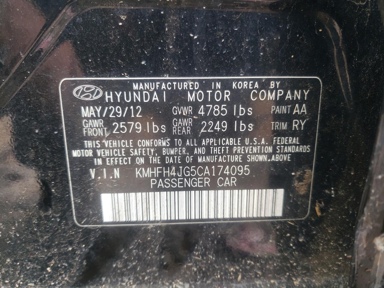 2012 Hyundai Azera Gls VIN: KMHFH4JG5CA174095 Lot: 60627575