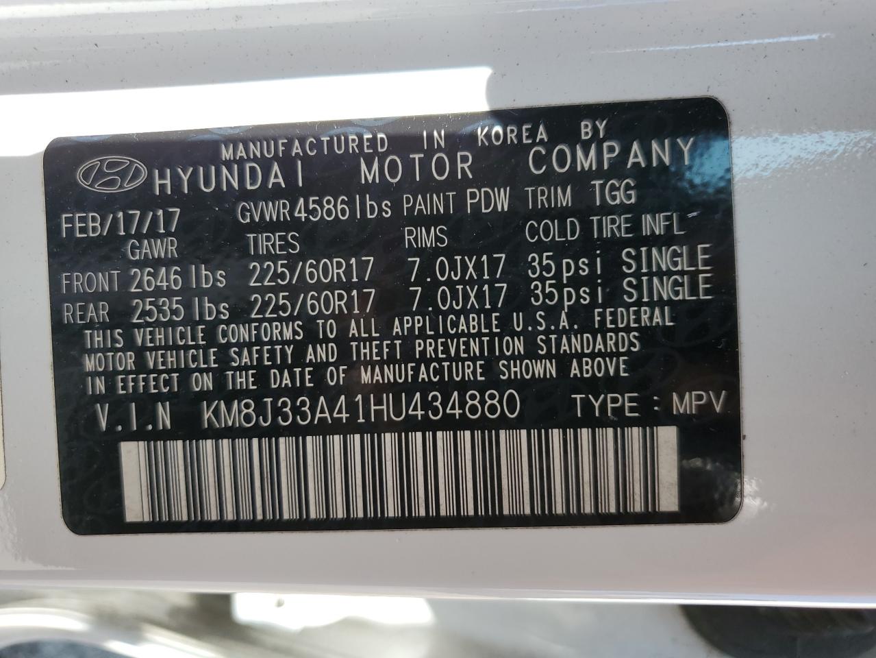 2017 Hyundai Tucson Limited VIN: KM8J33A41HU434880 Lot: 62723245