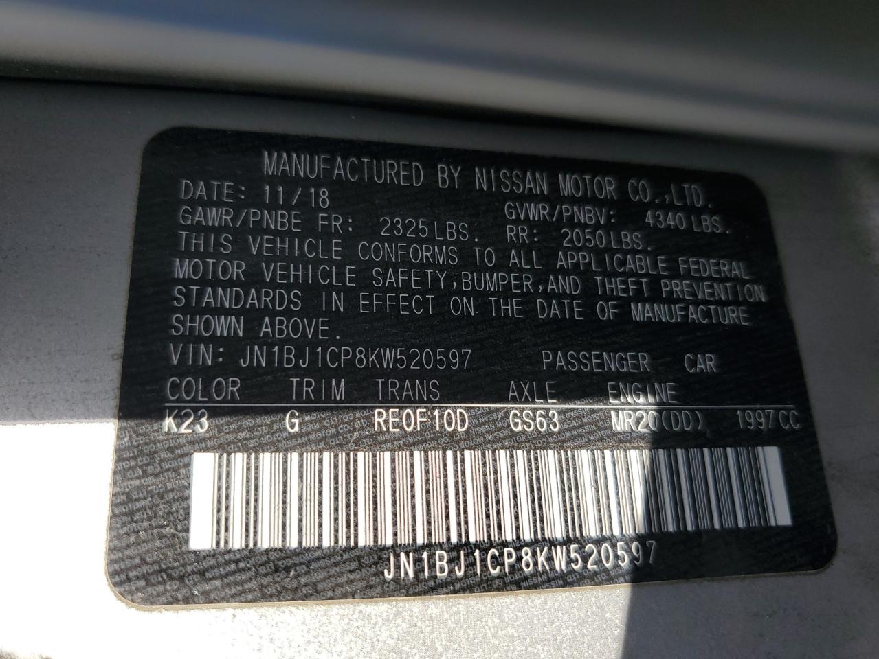 2019 Nissan Rogue Sport S VIN: JN1BJ1CP8KW520597 Lot: 61577905