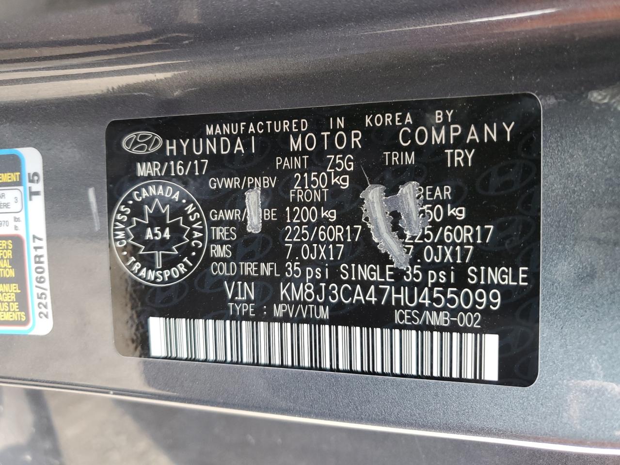 2017 Hyundai Tucson Limited VIN: KM8J3CA47HU455099 Lot: 59238275