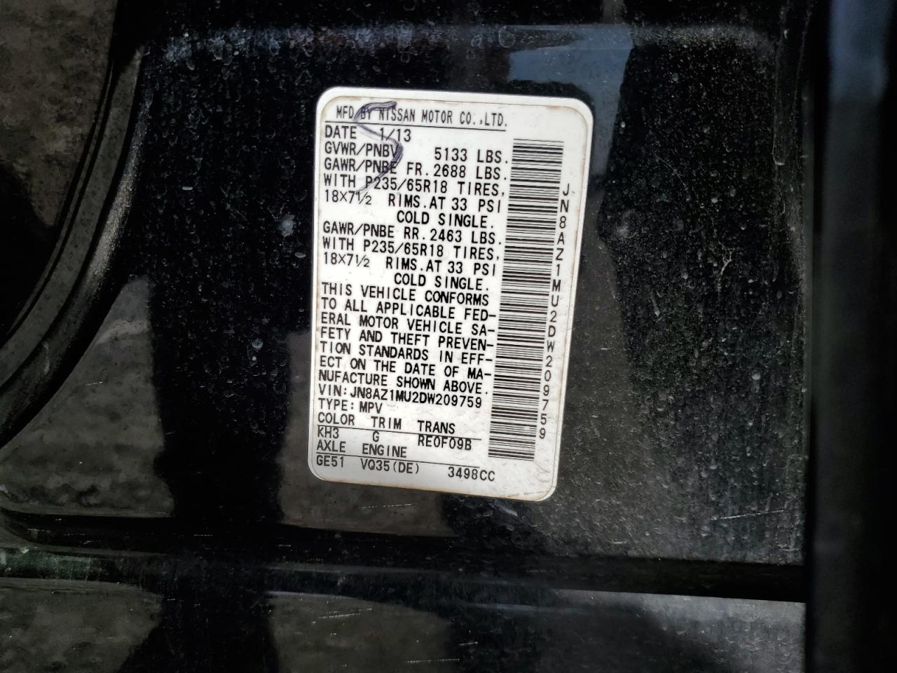 2013 Nissan Murano S VIN: JN8AZ1MU2DW209759 Lot: 60921635