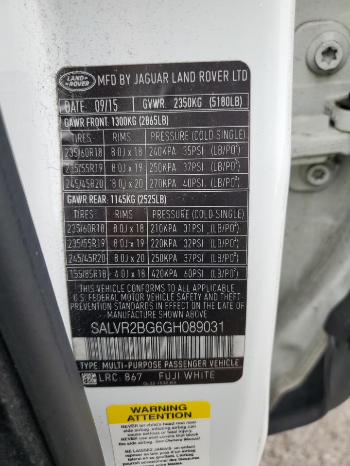 2016 Land Rover Range Rover Evoque Hse VIN: SALVR2BG6GH089031 Lot: 62940635
