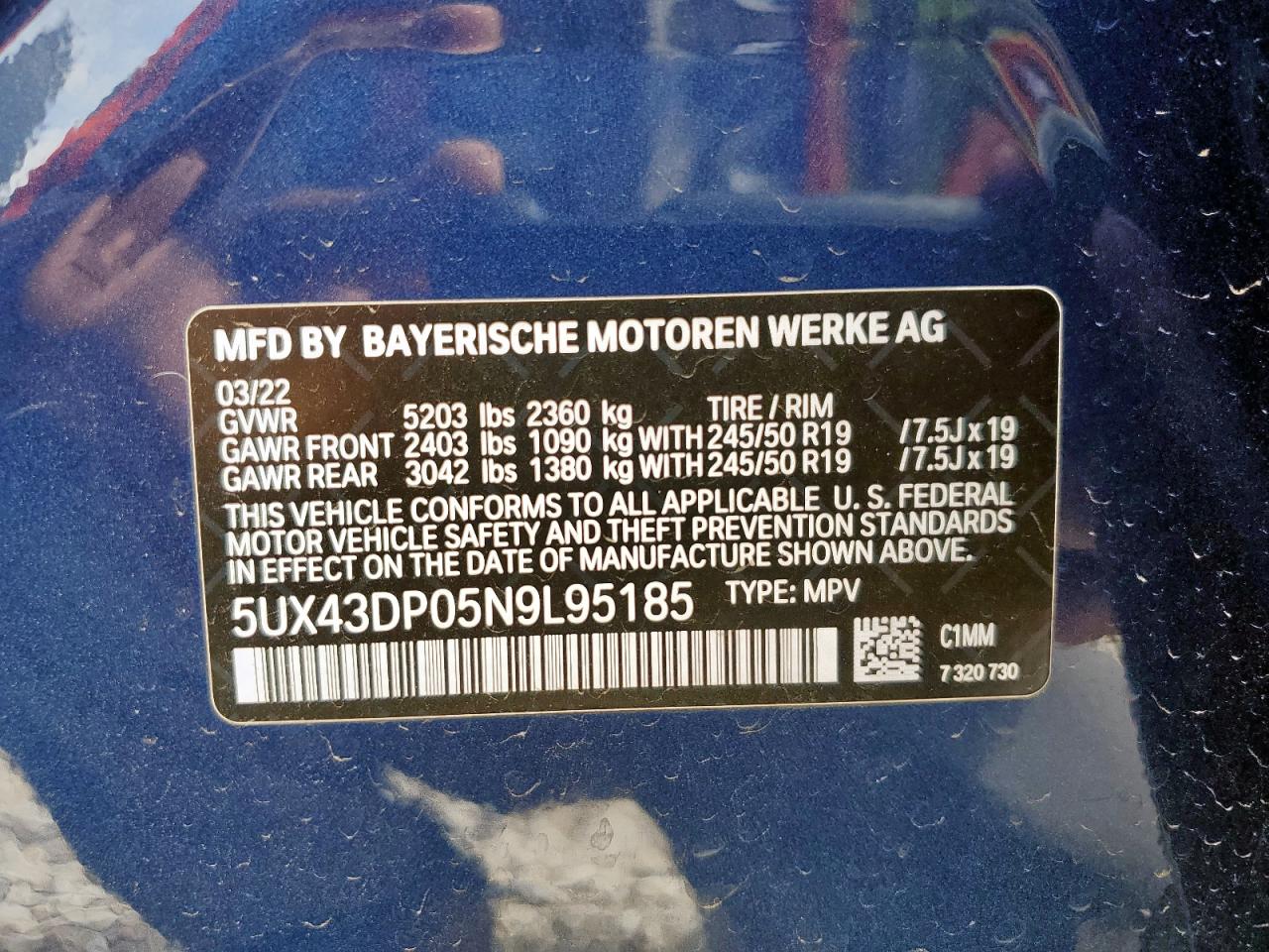 2022 BMW X3 Sdrive30I VIN: 5UX43DP05N9L95185 Lot: 61139125