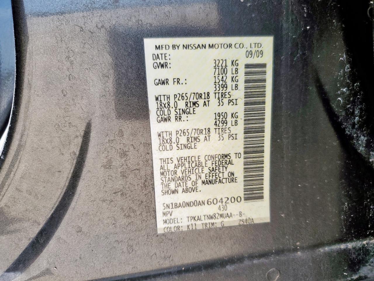 2010 Nissan Armada Se VIN: 5N1BA0ND0AN604200 Lot: 59983415