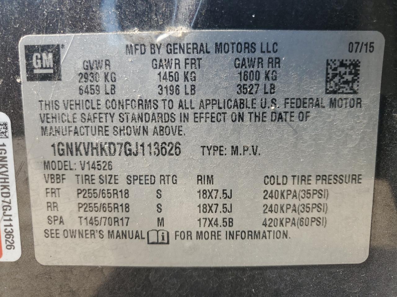 2016 Chevrolet Traverse Lt VIN: 1GNKVHKD7GJ113626 Lot: 62657395