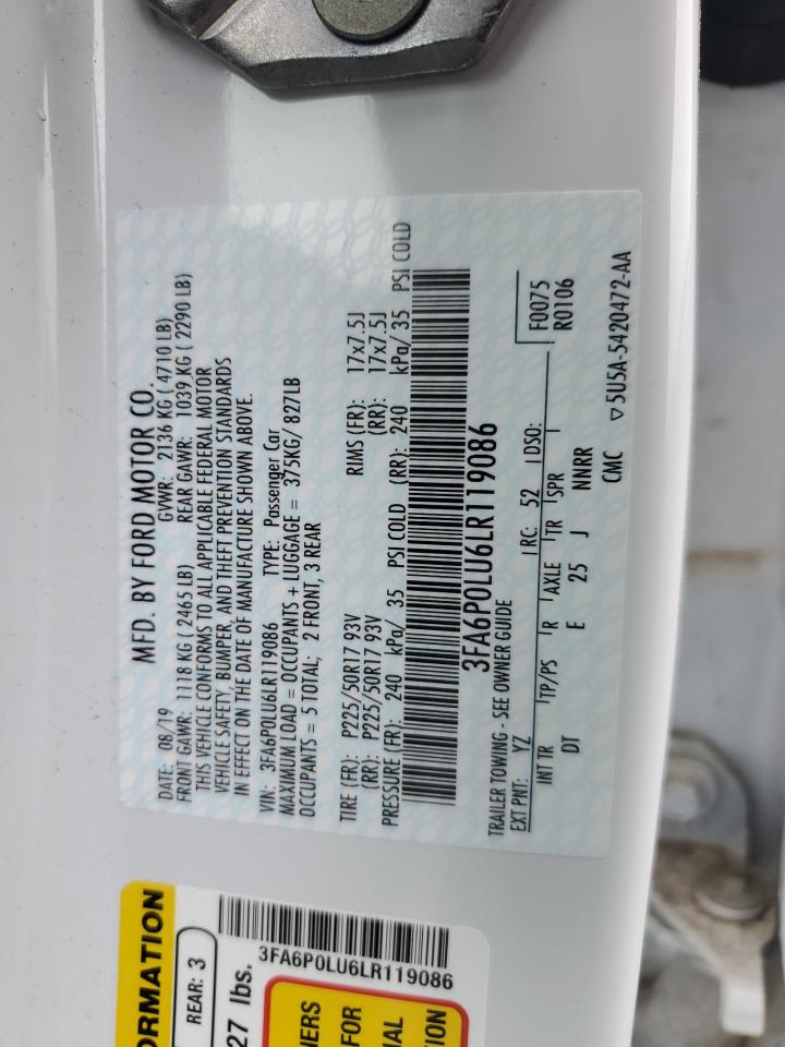 2020 Ford Fusion Se VIN: 3FA6P0LU6LR119086 Lot: 58971695