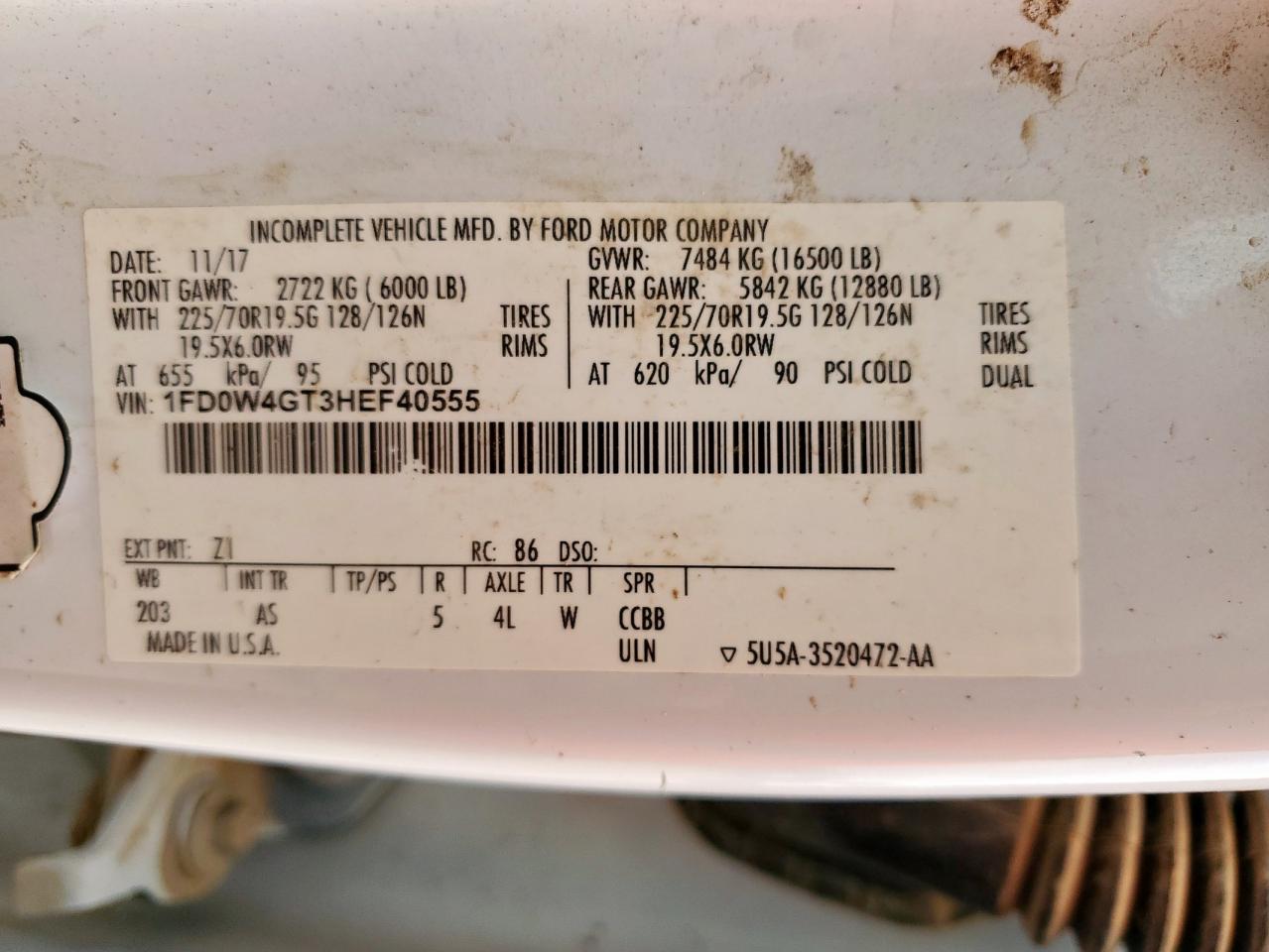 2017 Ford F450 Super Duty VIN: 1FD0W4GT3HEF40555 Lot: 61745405