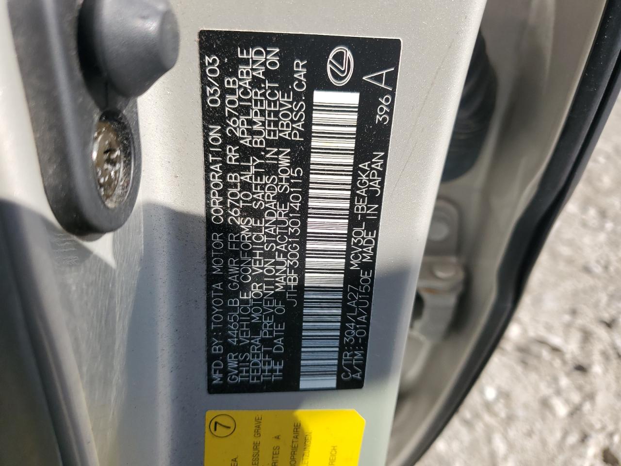 2003 Lexus Es 300 VIN: JTHBF30G130140115 Lot: 61761295