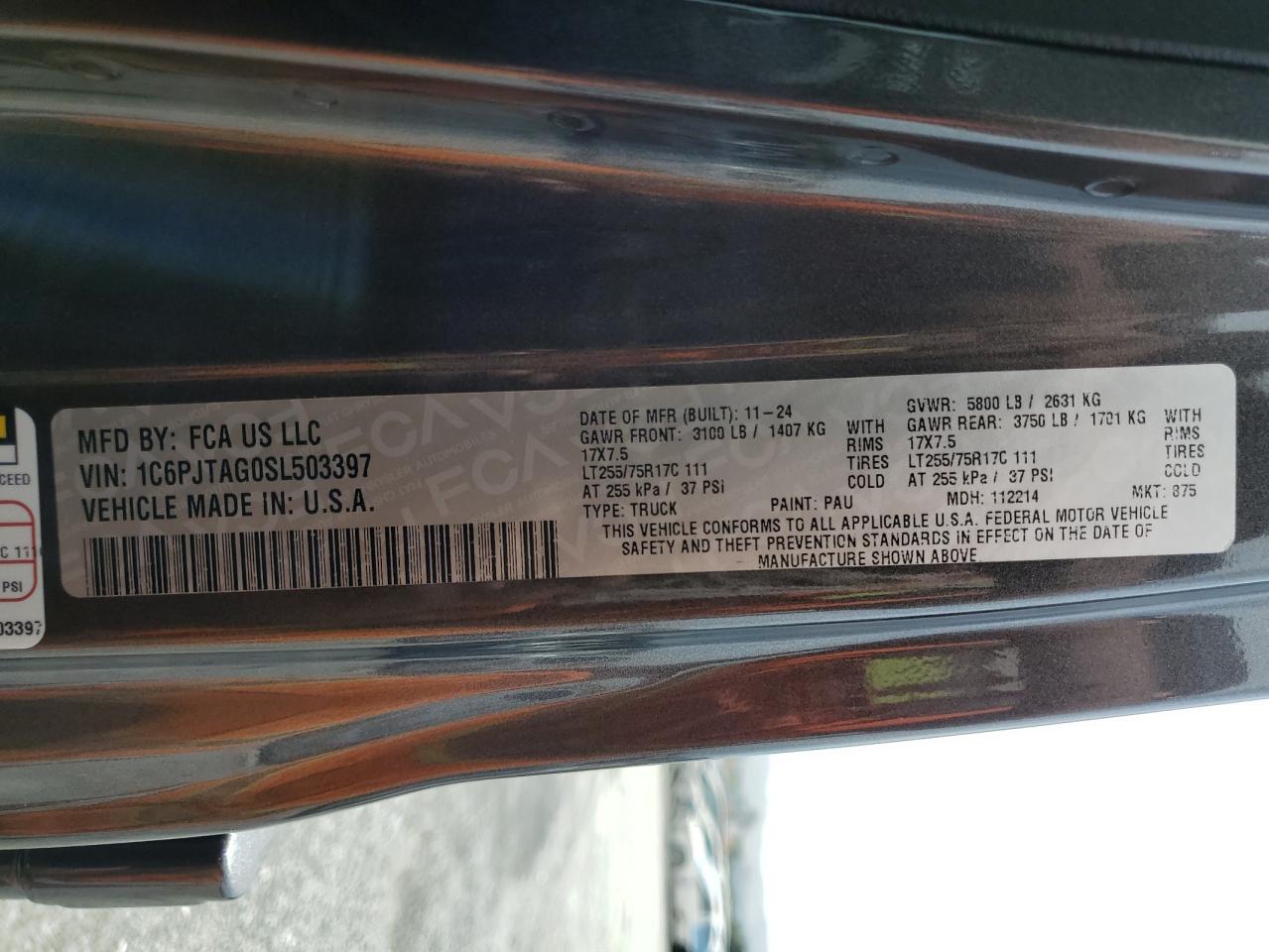 2025 Jeep Gladiator Sport VIN: 1C6PJTAG0SL503397 Lot: 62102735