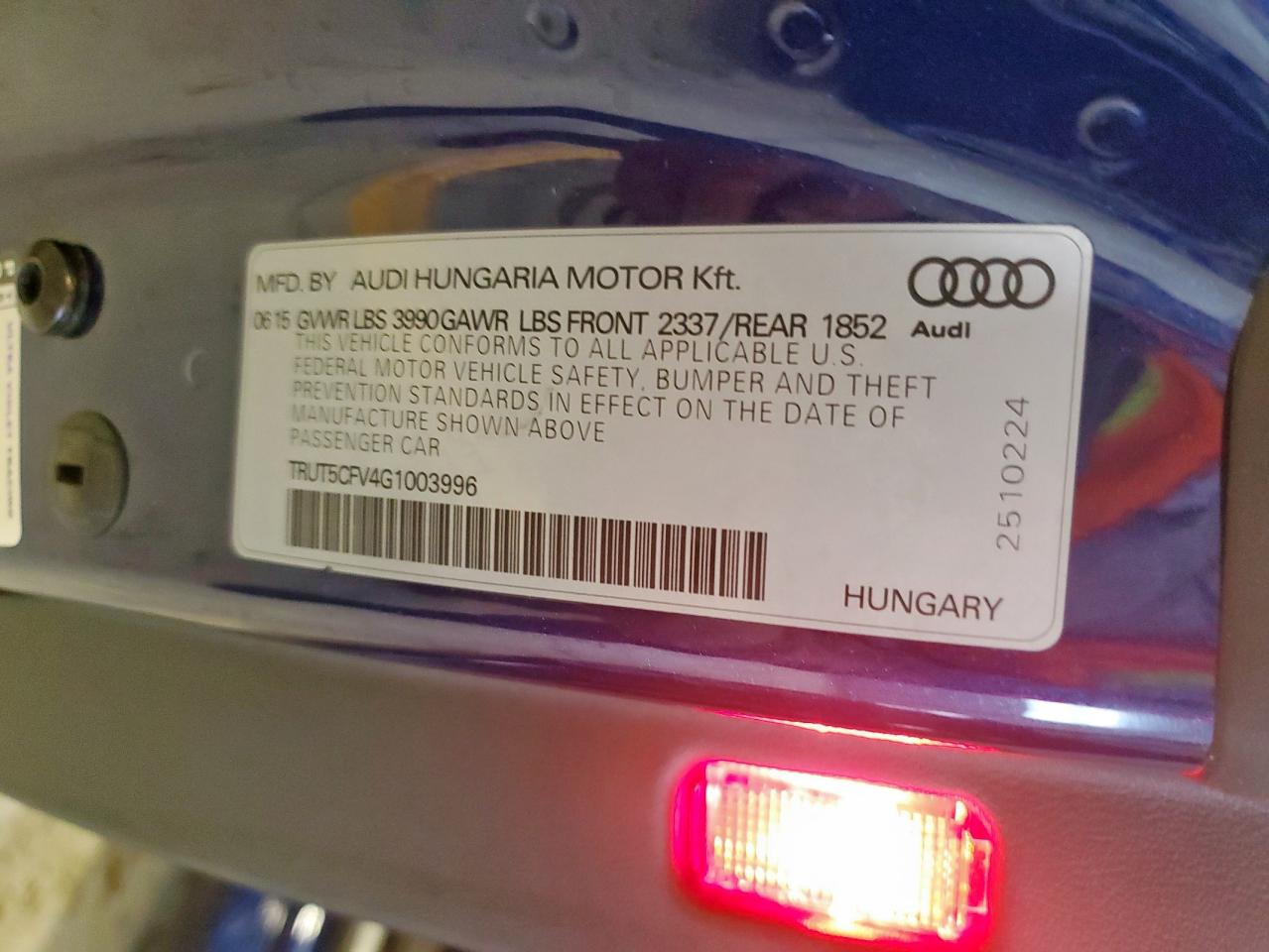 2016 Audi Tt VIN: TRUT5CFV4G1003996 Lot: 60520845