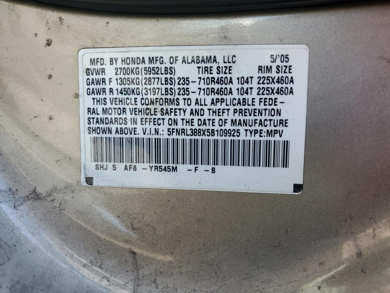 2005 Honda Odyssey Touring VIN: 5FNRL388X5B109925 Lot: 63053915