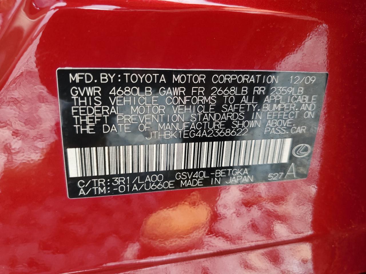 2010 Lexus Es 350 VIN: JTHBK1EG4A2368622 Lot: 62830565