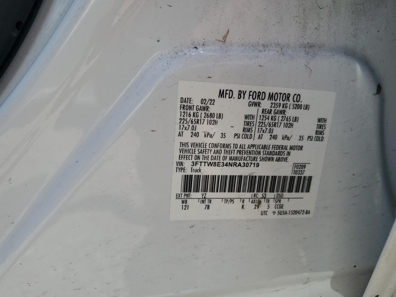 2022 Ford Maverick Xl VIN: 3FTTW8E34NRA30719 Lot: 60238485