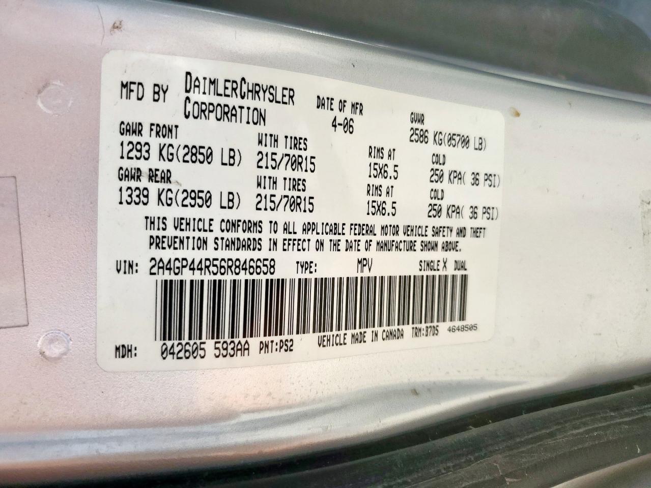 2006 Chrysler Town & Country Lx VIN: 2A4GP44R56R846658 Lot: 58224845