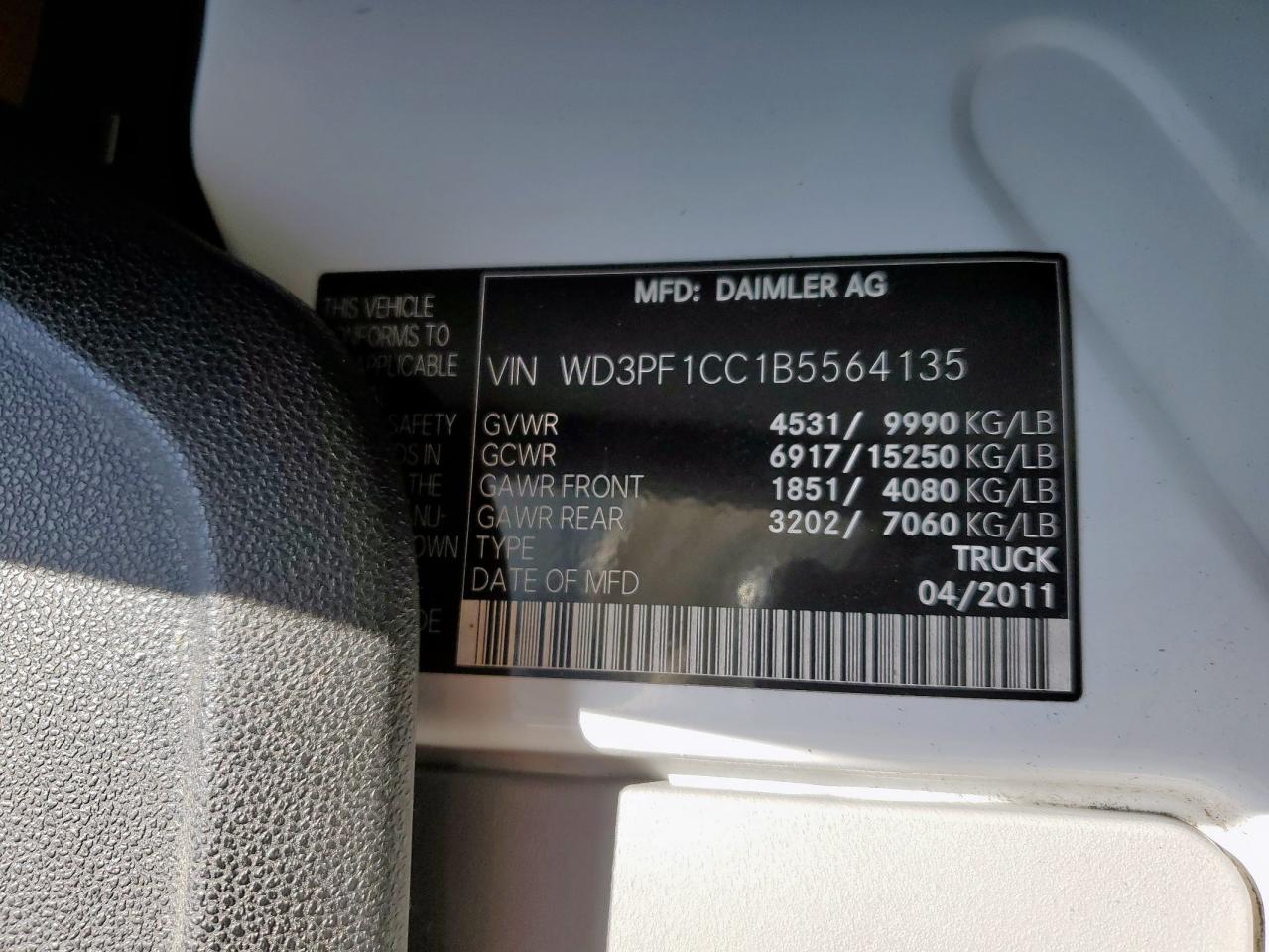 2011 Mercedes-Benz Sprinter 3500 VIN: WD3PF1CC1B5564135 Lot: 62741125