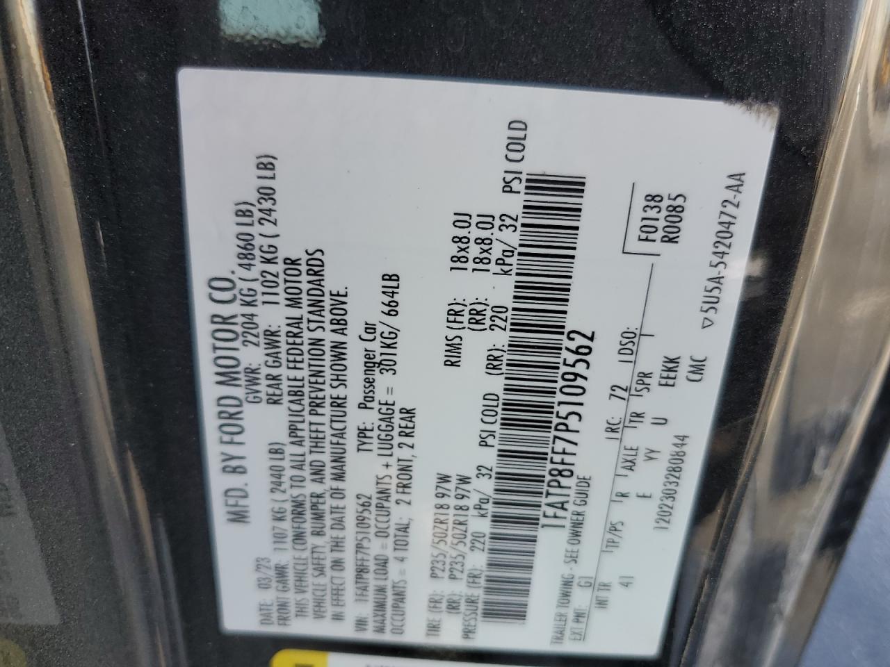 1FATP8FF7P5109562 FORD MUSTANG 2023