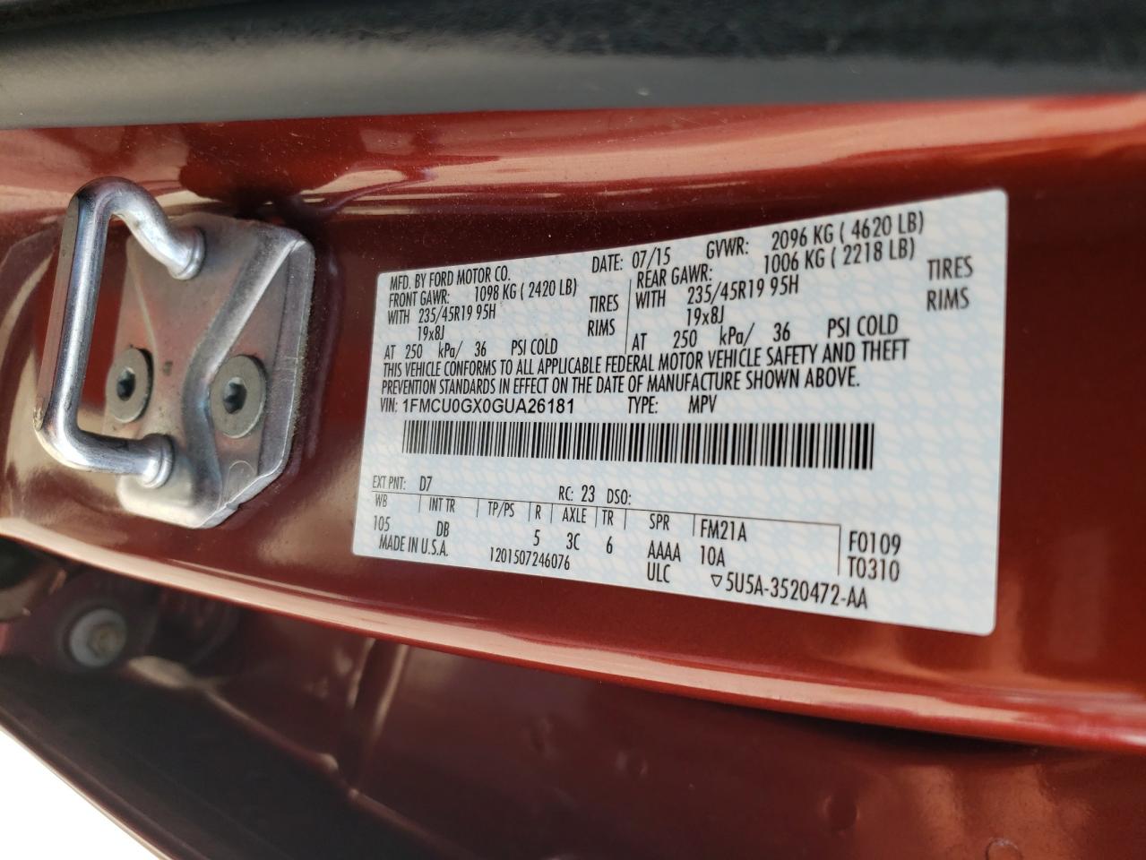2016 Ford Escape Se VIN: 1FMCU0GX0GUA26181 Lot: 62963065