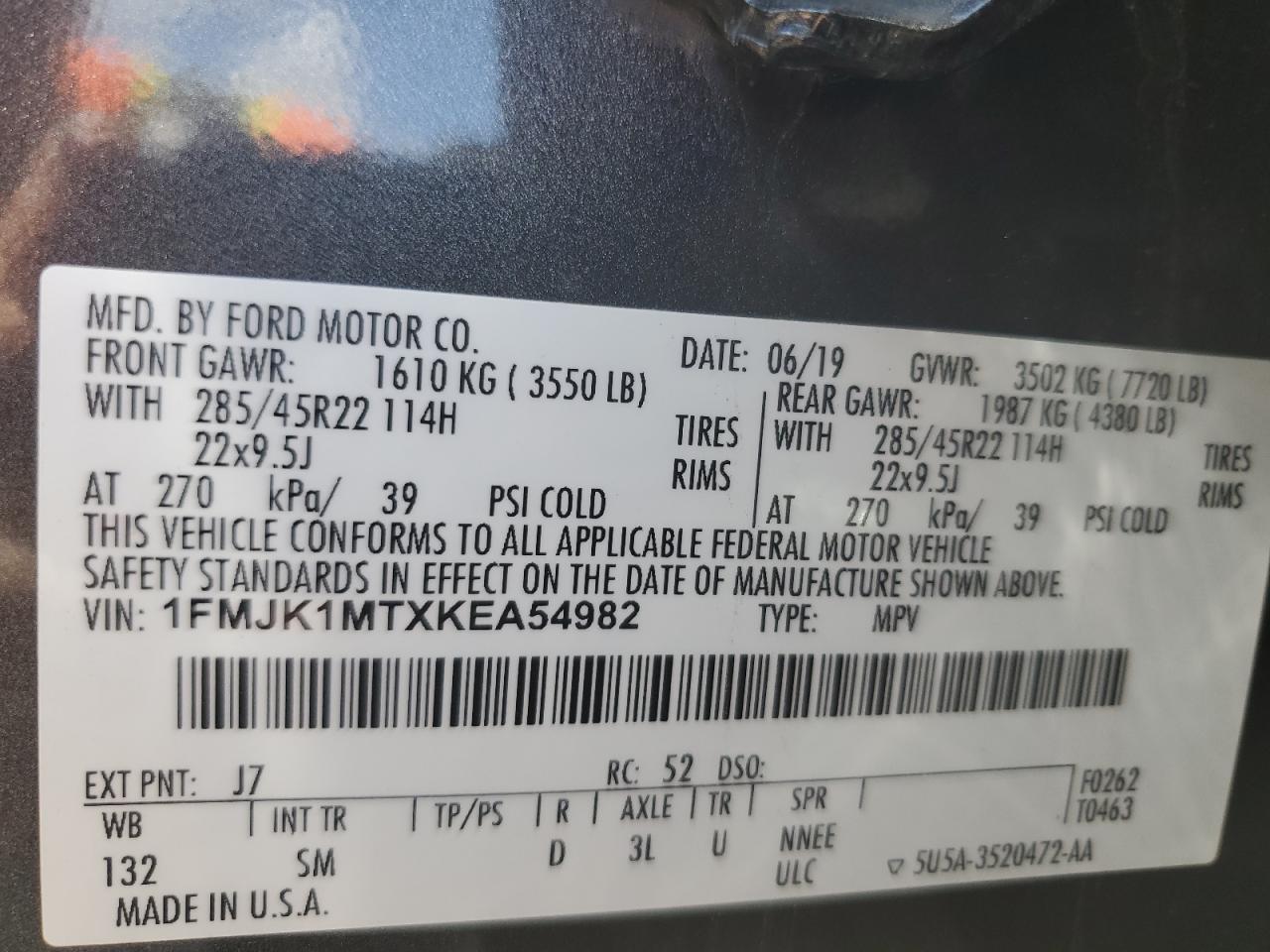 2019 Ford Expedition Max Platinum VIN: 1FMJK1MTXKEA54982 Lot: 61380645