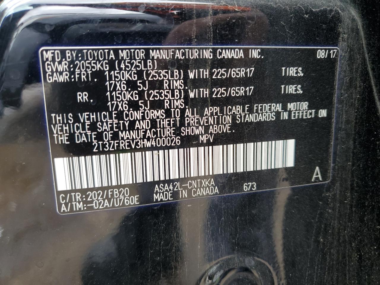 2017 Toyota Rav4 Le VIN: 2T3ZFREV3HW400026 Lot: 63225735
