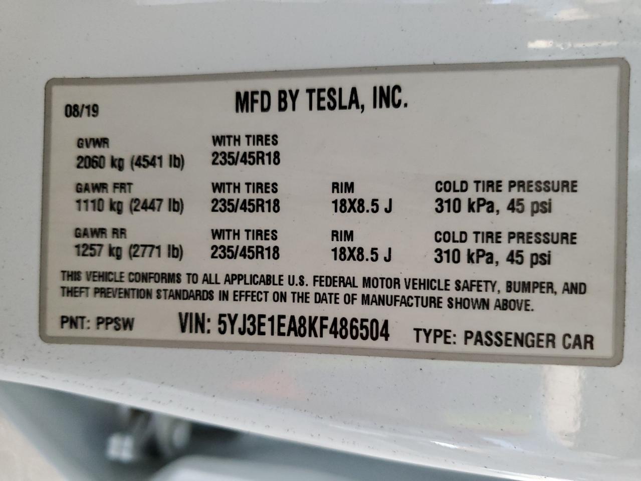 2019 Tesla Model 3 VIN: 5YJ3E1EA8KF486504 Lot: 62512825