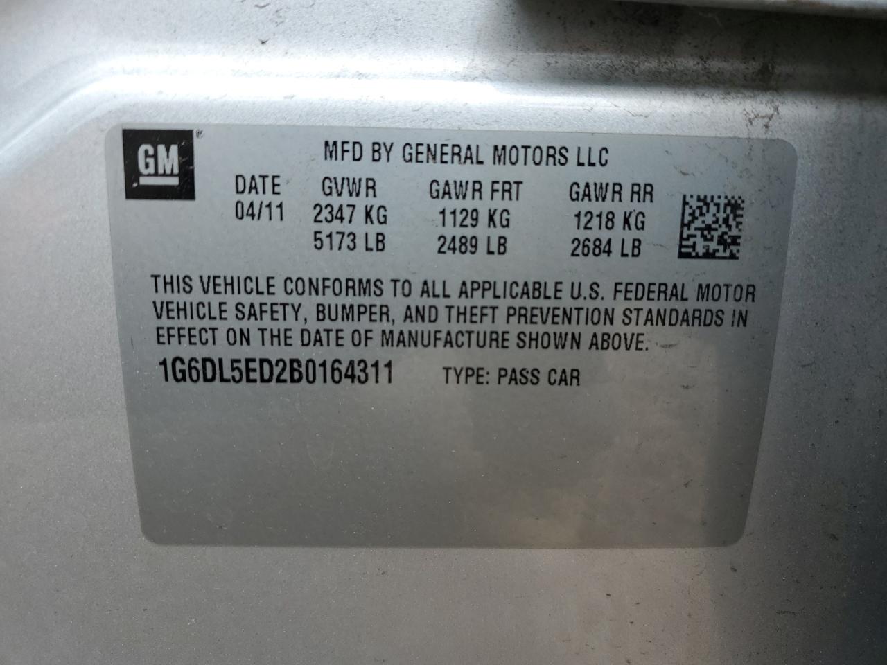 2011 Cadillac Cts Performance Collection VIN: 1G6DL5ED2B0164311 Lot: 61906165