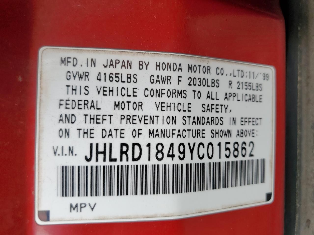 2000 Honda Cr-V Lx VIN: JHLRD1849YC015862 Lot: 59297405