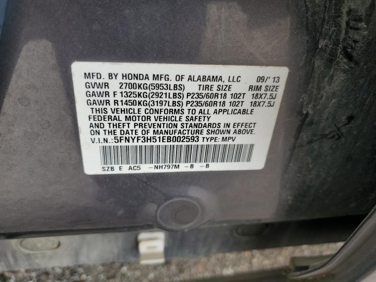 HONDA PILOT 2014 VIN 5FNYF3H51EB002593 фото 13